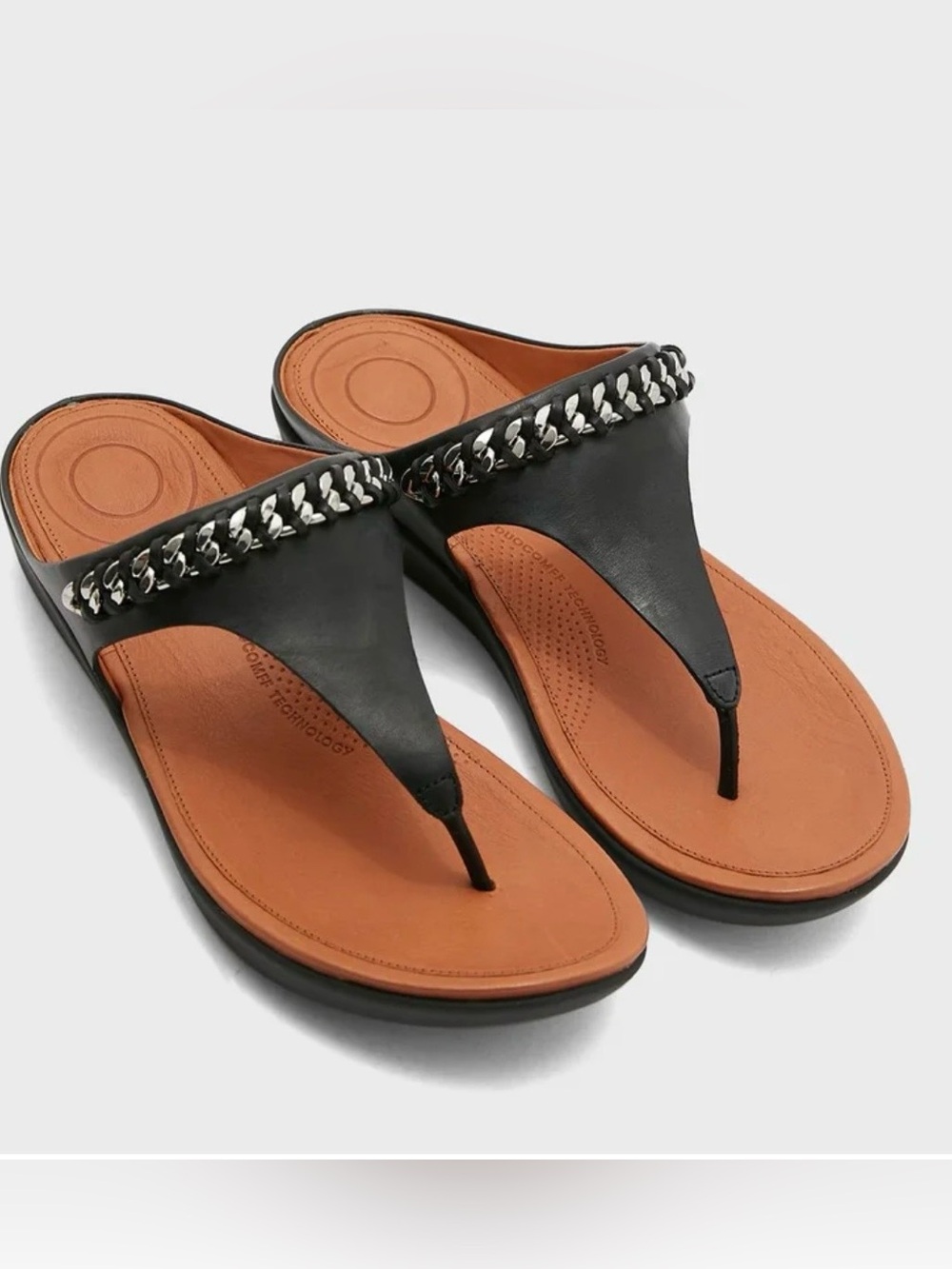 Fitflop sz 7 Black Leather Chain-Trim Thong Sandals
